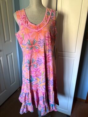 FRESH PRODUCE Vintage Pink Floral Tank Dress with Ruffle Detail Size Large